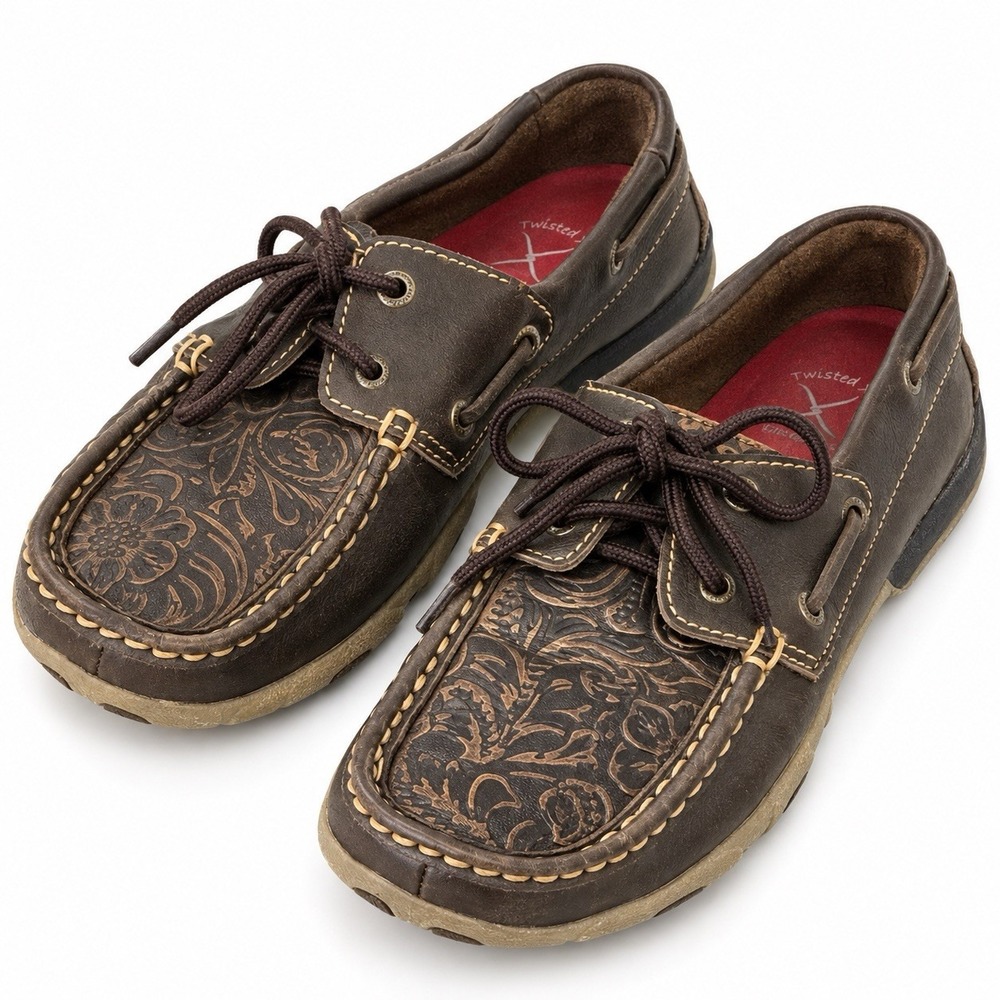 TWISTED X WDM0070 Womens 8 Brown Leather Floral Driving Mocs Boat Shoes Western